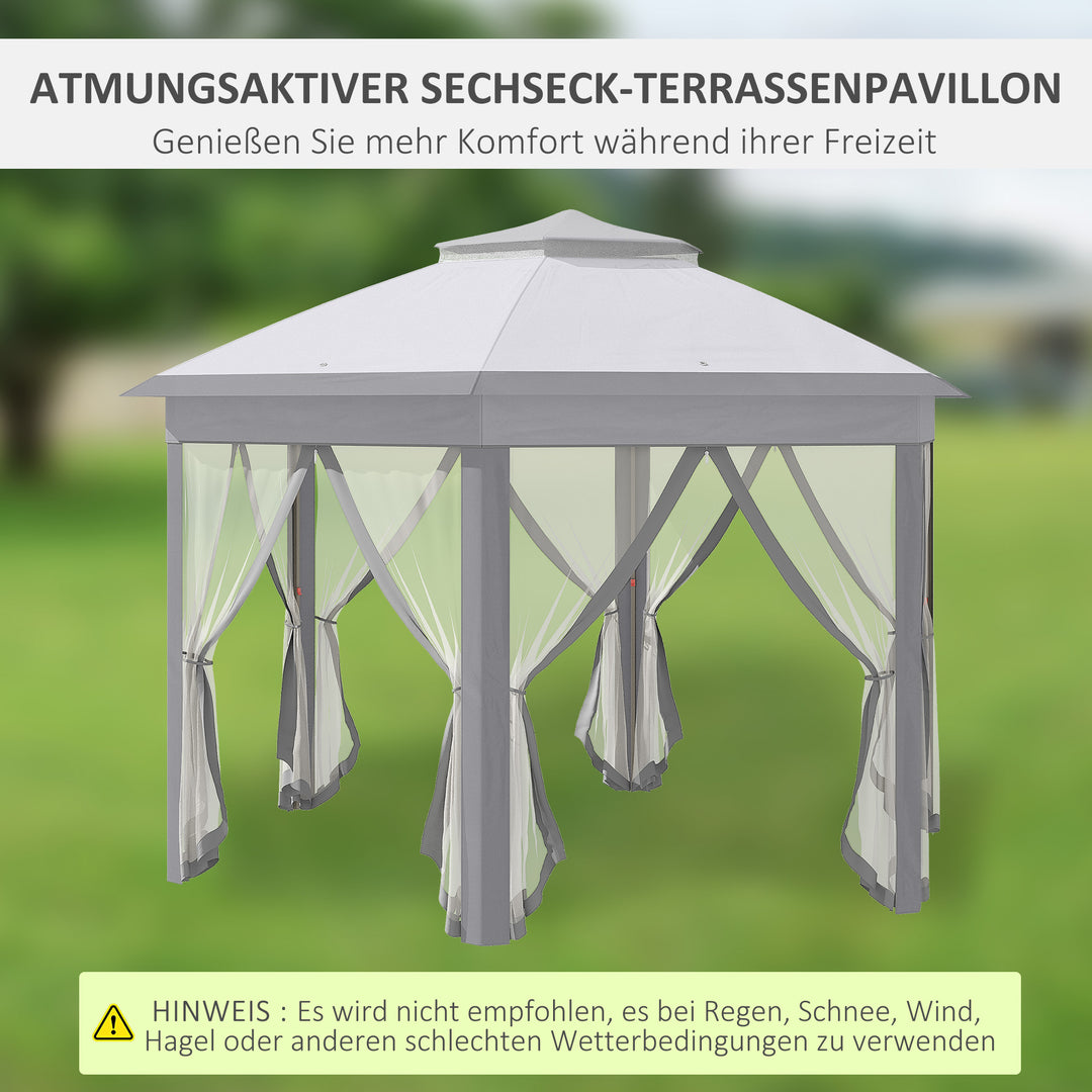 Foldbart pavillon 4 x 4m sekskantet design, netgardiner, vandafvisende, ventileret tag til grill, grå og hvid