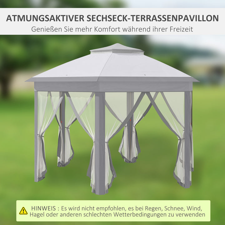 Foldbart pavillon 4 x 4m sekskantet design, netgardiner, vandafvisende, ventileret tag til grill, grå og hvid