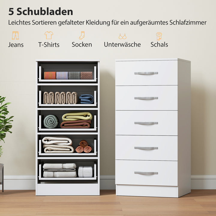 Kommode med 5 skuffer, skuffesektion til tøj og bestik, spånplade, hvid