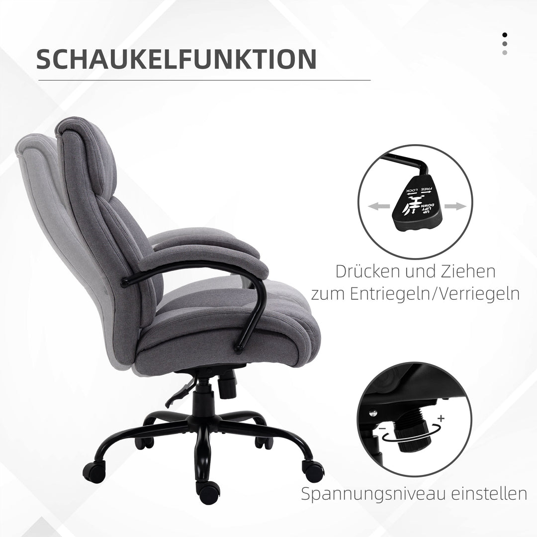 Kontorstol, ergonomisk chefstol, polstret skrivebordsstol med armlæn, højdejusterbar drejestol med vippefunktion, linnedlook, lasteevne op til 220 kg, lysegrå