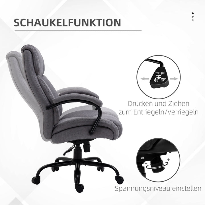 Kontorstol, ergonomisk chefstol, polstret skrivebordsstol med armlæn, højdejusterbar drejestol med vippefunktion, linnedlook, lasteevne op til 220 kg, lysegrå