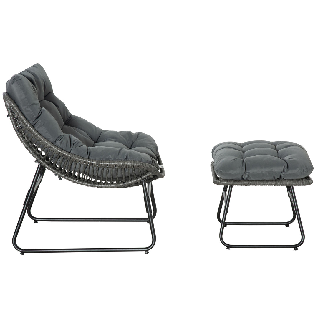 Rattan afslapningsstol med fodskammel, havestol med tykke hynder, udendørs rattanstol, havestol til have, balkon, terrasse, grå