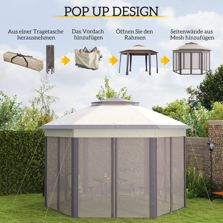 Havepavillon, foldbar pavillon, 4 x 4 m pop-up telt, partytelt inklusive bæretaske, 6 sidepaneler, dobbelt tag, sekskantet, beige