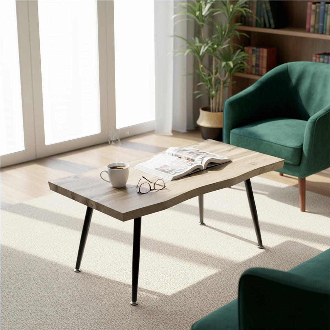 Sofabord/sidebord med metalben, 4 cm tyk bordplade, stuebord, 100 x 50 x 45 cm, eg og sort