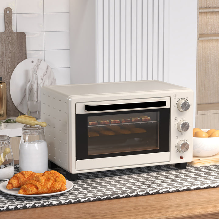 Miniovn, lille 21 l brødristerovn med 1 rist og 1 bageplade, 3 tilberedningstilstande, 100°c-230°c, rustfrit stål, glas, cremehvid