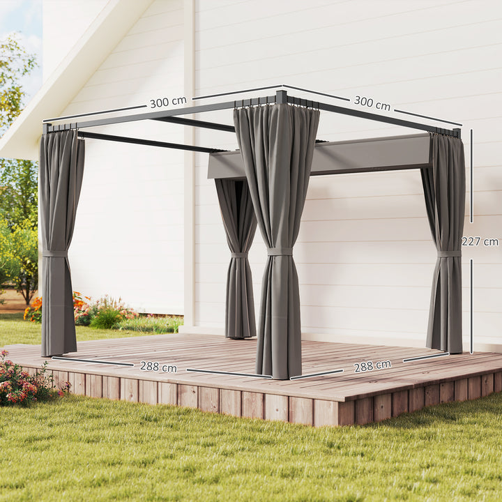 Pergola 3 x 3 m fritstående terrasseoverdækning med skydetag, 4 sidevægge UV-resistent lysegrå