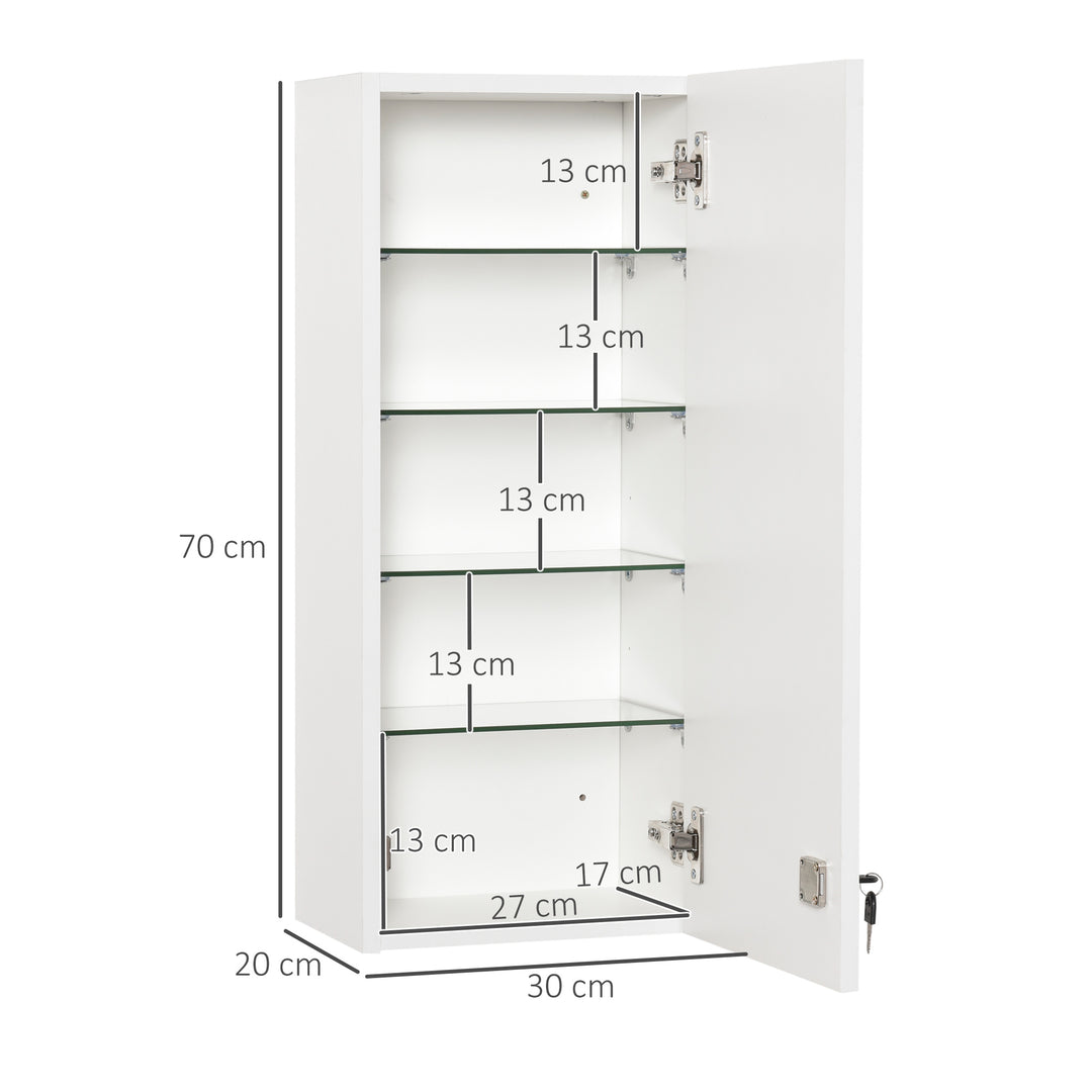 Medicinskab, medicinskab, vægskab, hængeskab med justerbar hylde, førstehjælpskors, aflåseligt, til badeværelse, køkken, entré, hvid, 30x20x70 cm