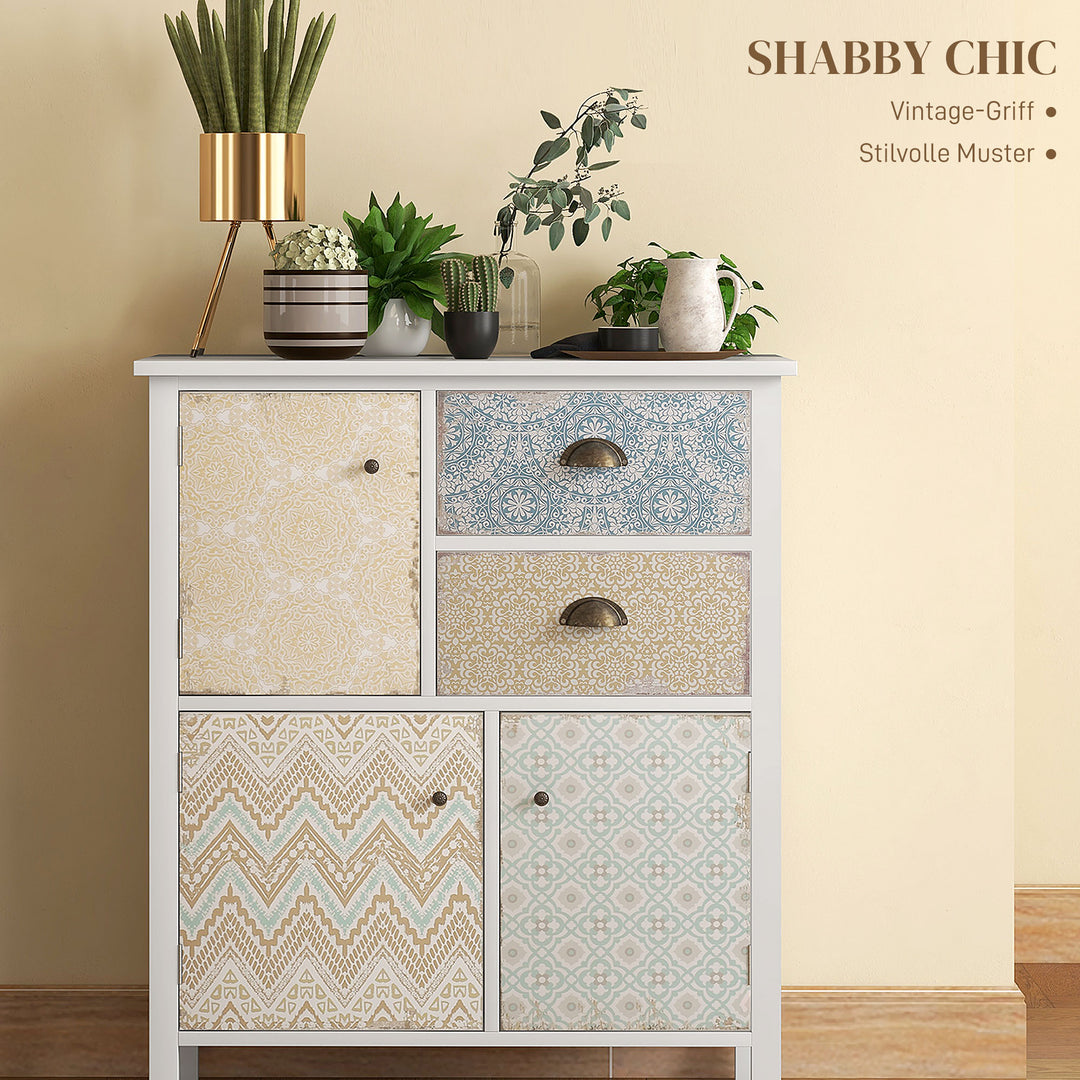 Skænk, shabby chic kommode, 2 skuffer, 3 skabsrum, fyrretræ, 68x34x80cm, hvid