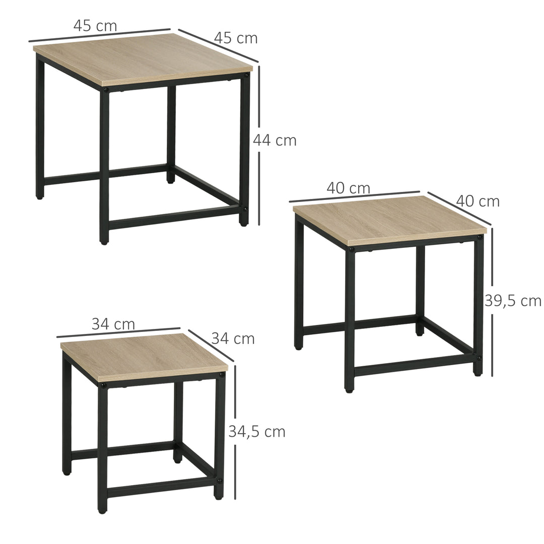 Indskudsbord sæt med 3 sideborde, industridesign, sort stålstel, bordplade i trælook