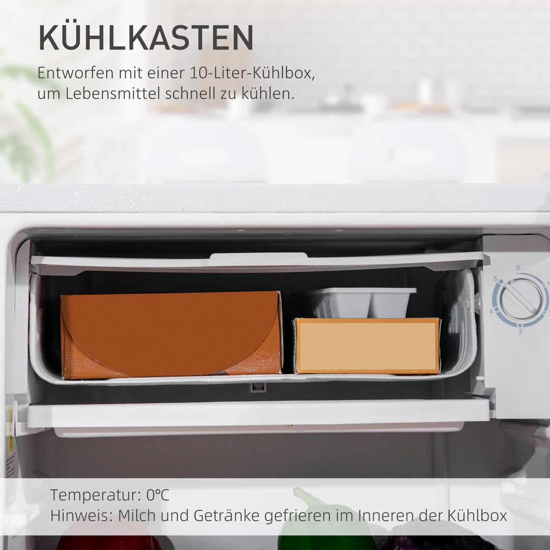 Minikøleskab, 91 liters kapacitet, fryserum, justerbare hylder, stille drift, kompakt størrelse, plast, stål, hvid