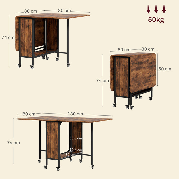 Foldbart spisebord, mobilt foldebord til 6 personer, med hylde, lasteevne op til 50 kg, 130 x 80 x 74 cm, rødbrun