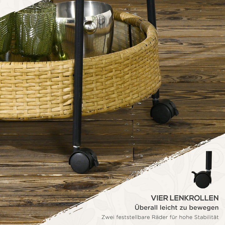 Udendørs serveringsvogn, 2 etager, bremser, polyrattan, metalramme, ø50 x 66h cm, gul