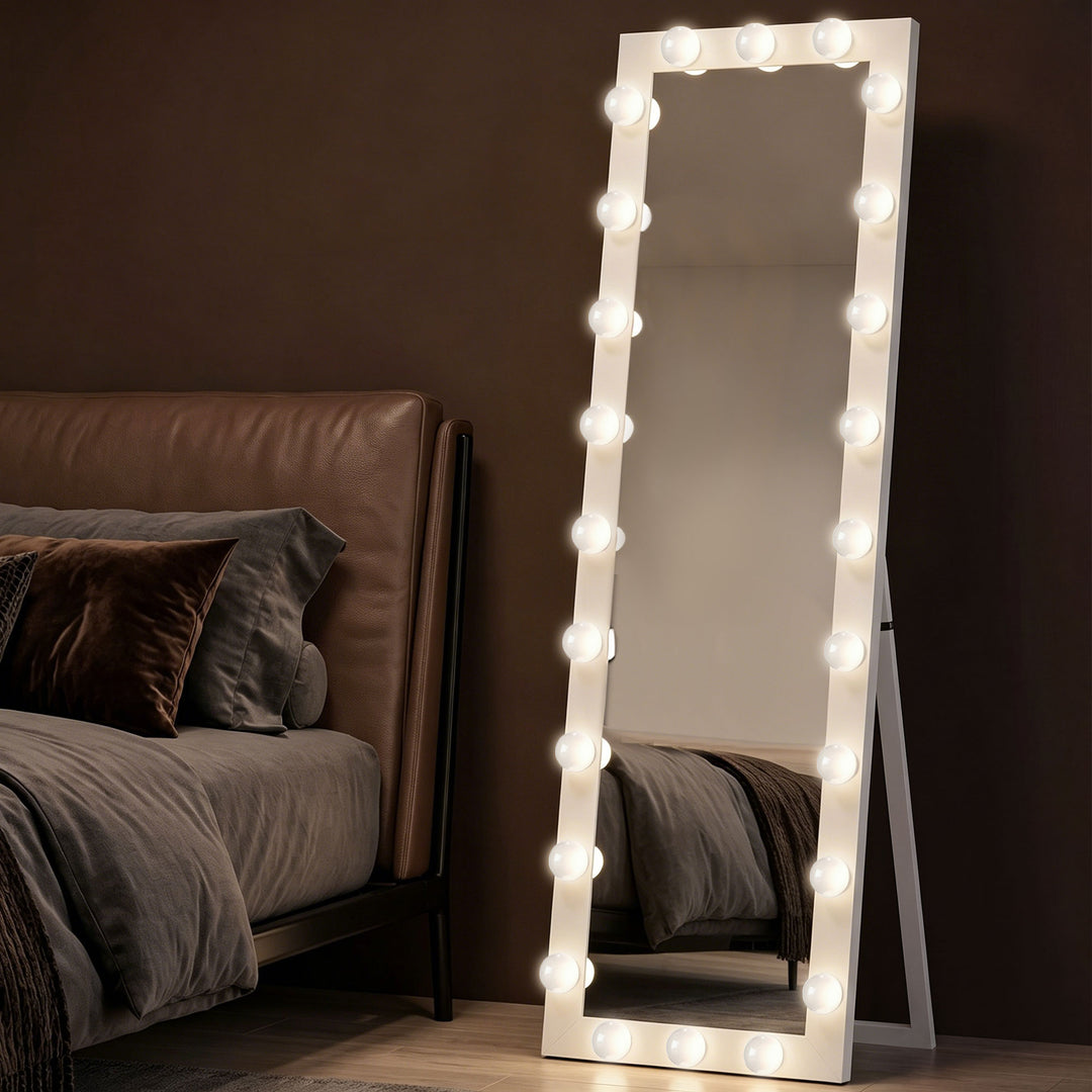 Helfigursspejl 150x40 cm LED-spejl med 24 lyspærer, 3 lysfarver, fritstående eller lænende, hvid