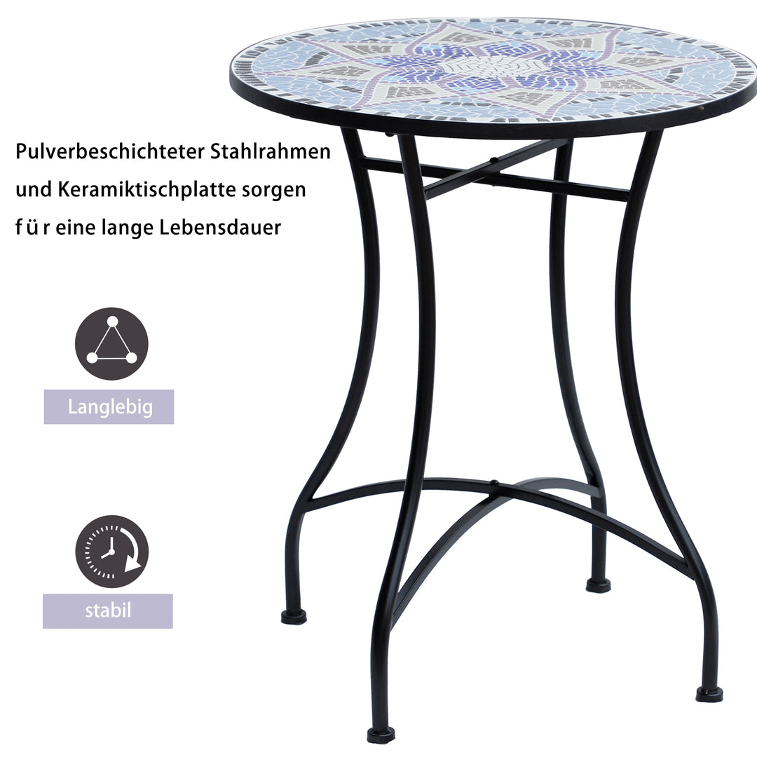 Havebord Ø60 x H71cm, vejrbestandigt metal balkonbord, udendørs spisebord, campingbord, sidebord, rundt terrassebord til have, terrasse, altan, blå+hvid