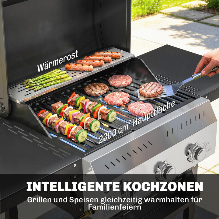 Gasgrill 9 KW 3 brændere BBQ grillvogn rustfrit stål inkl. foldbart sidebord krydderiholder nederste hylde 6 kroge