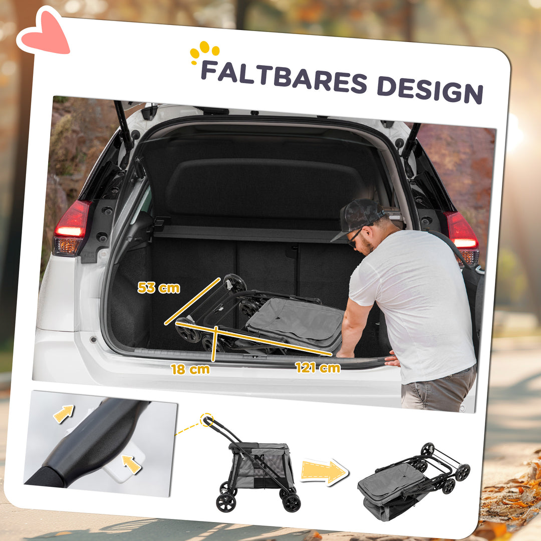 Hundeklapvogn op til 20 kg sammenklappelig 3 sidelommer 102 cm x 62 cm x 105 cm grå