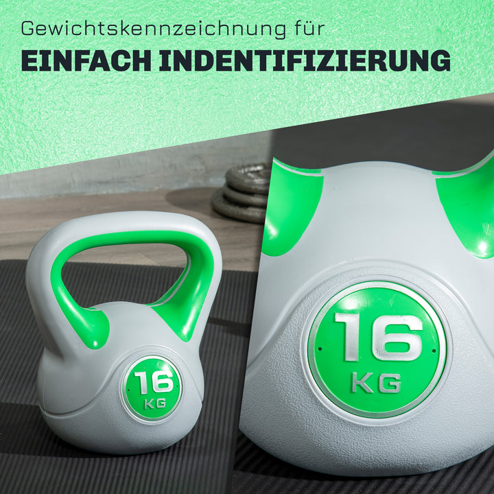 Kettlebell, 16 kg, flad bund, stort håndtag, vægtkugle, grøn, 27 x 17 x 31 cm