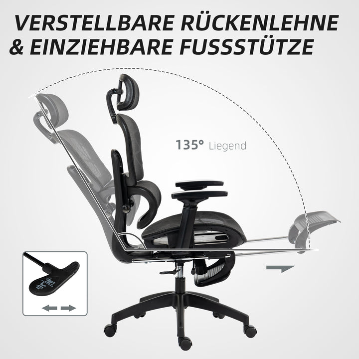 Kontorstol, ergonomisk skrivebordsstol med netbetræk, justerbar, rullbar, med armlæn, nakkestøtte, sort