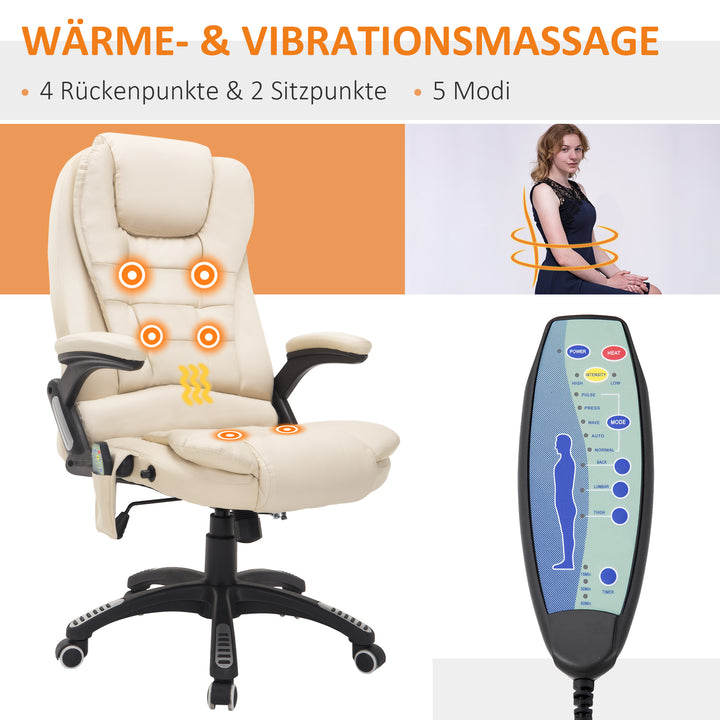 Kontorstol med massagefunktion, varmefunktion, højdejusterbar, vippefunktion, massage kontorstol, cremehvid + sort