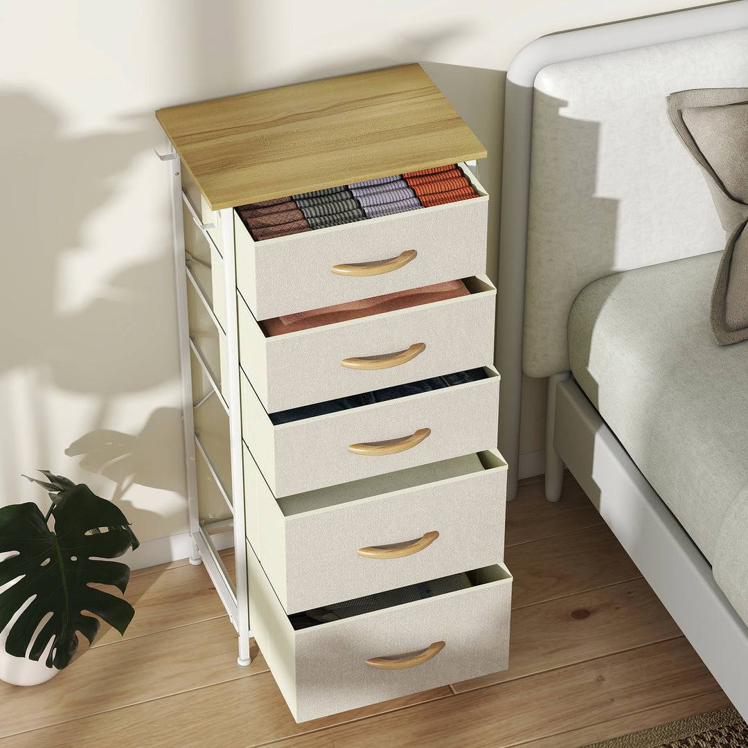 Kommode med 5 skuffer i fiberdug med kroge, beige
