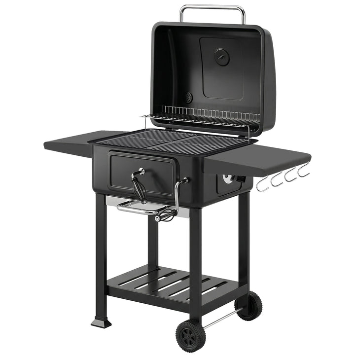 Kulgrill BBQ-ryger med låg, termometer, højdejusterbar kulpande, skorsten, grillrist, sidebord, askeskuffe
