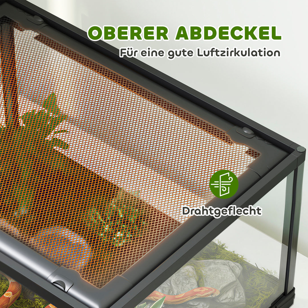 Krybdyrterrarium, 86 liters terrarium med skydedør, aflåselig, til firben, insekter, edderkopper, gekkoer, 60 x 45 x 32 cm, sort