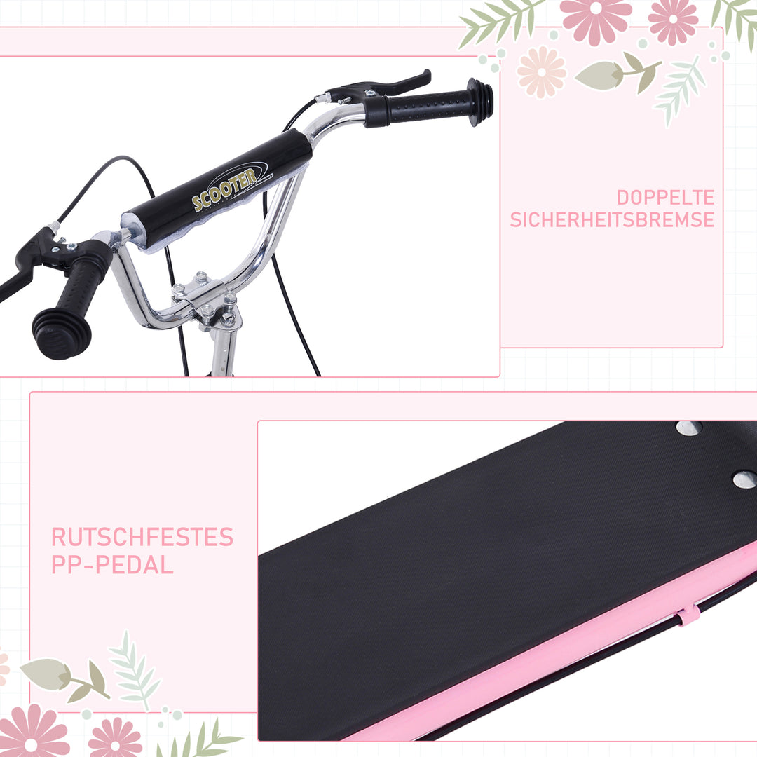 Børneløbehjul med luftgummidæk og håndbremse, 16 tommer højdejusterbart løbehjul til drenge og piger fra 5 år, pink løbehjul med kickboard