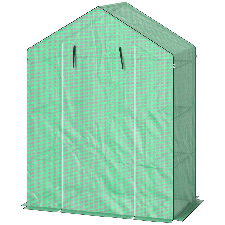 Drivhus med hylder, minidrivhus, uv-bestandigt, netvindue, lynlåsdør, 143l x 74b x 190h cm, grøn