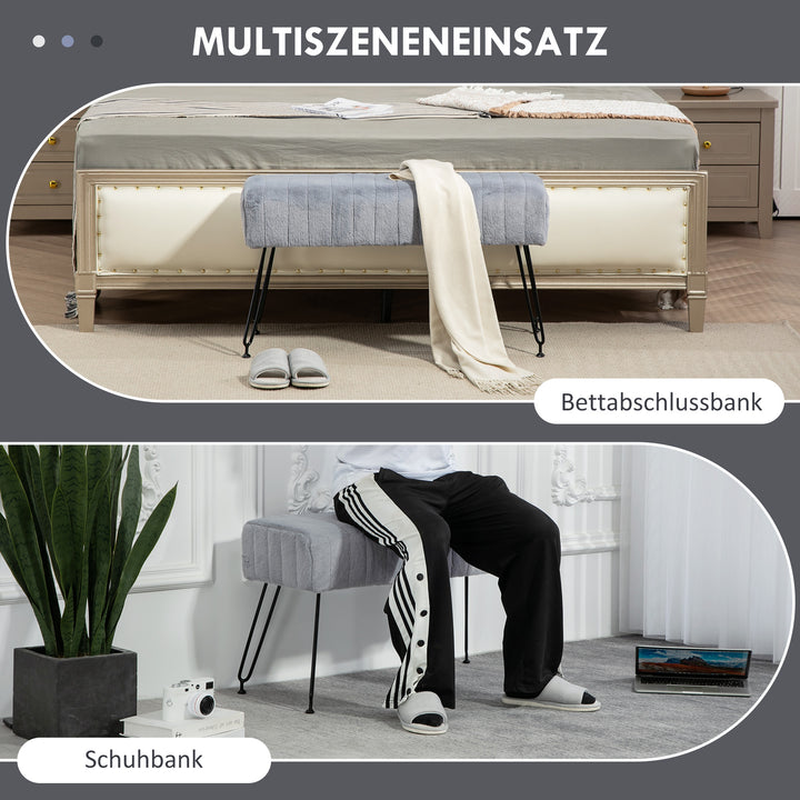 Bænk, quiltet sæde, betræk i kunstpels, metalben, op til 120 kg, 82 x 30 x 47 cm, grå/sort
