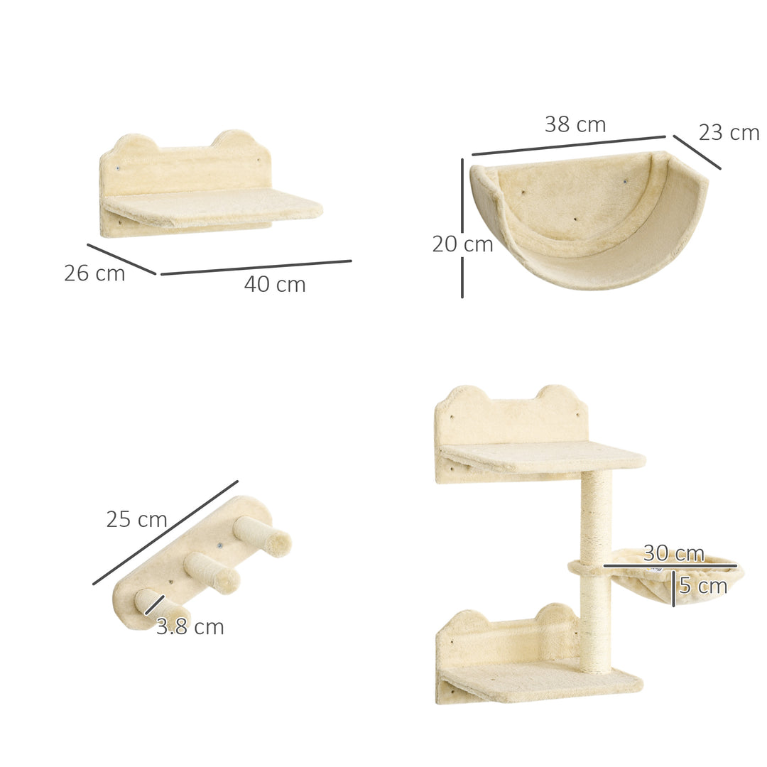 4-Delt klatrevægssæt til katte med kattetrappe, hængekøje, platform og kradsetræ, beige