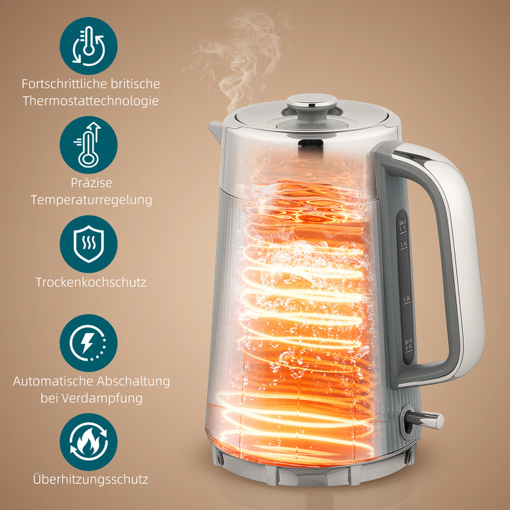 2200W, 1,7L elkedel med hurtigkogningsfunktion, afkalkningsfilter og brødrister til 4 skiver med 7 ristningsniveauer, grå