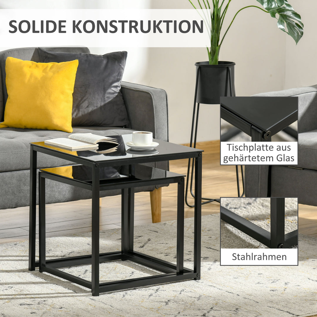 Sæt med 2 sideborde, moderne design, stabelbart, glasbord, sort