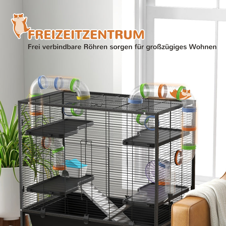 Hamsterbur med rør, træningshjul, hus, vanddispenser, 109 x 82 x 46 cm, sort