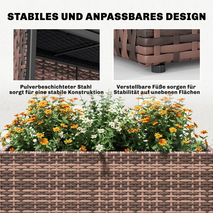 Hævet havebed med justerbare fødder, rattan blomsterkasse med aftagelig indsats til terrasse og balkon, brun
