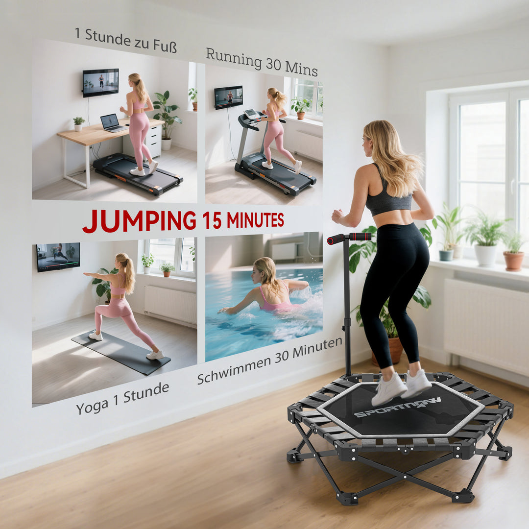 Fitnesstrampolin med justerbart T-håndtag, foldbar, bæretaske, 120 kg lasteevne, stål, plastik, sort