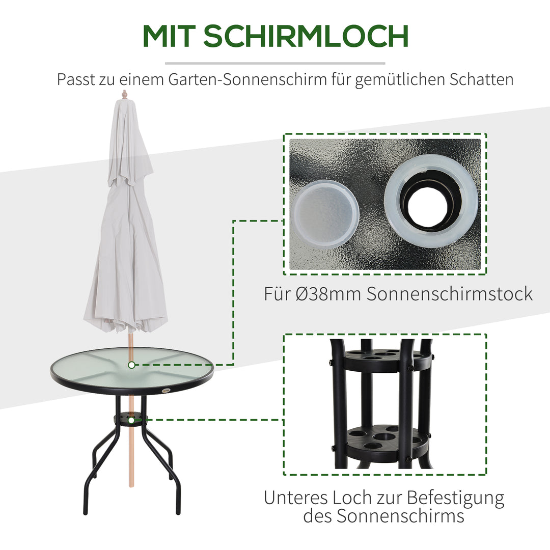 Havebord, balkonbord, havesidebord, bistrobord, havemøbler med parasolhul, hærdet glas + metal, sort, Ø80 x 72 cm