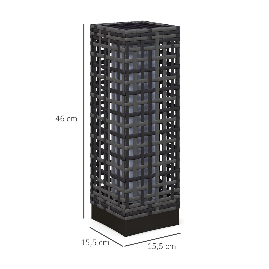 Udendørslampe med solpanel, automatisk tænding, 8 timers driftstid, rottinglook, stål, 15,5 x 15,5 x 46 cm, grå