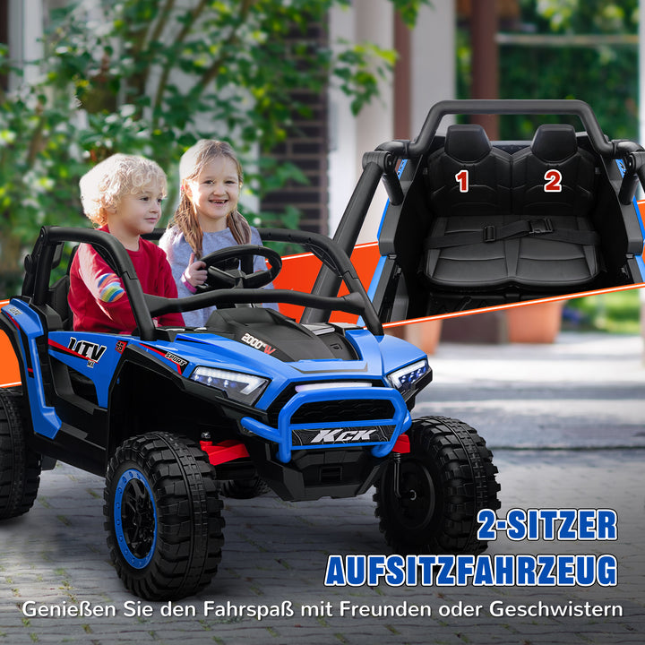 Elektrisk børne-UTV, 5-7 km/t, 2-personers, fjernbetjening, musik, lys, 1 times køretid, blå