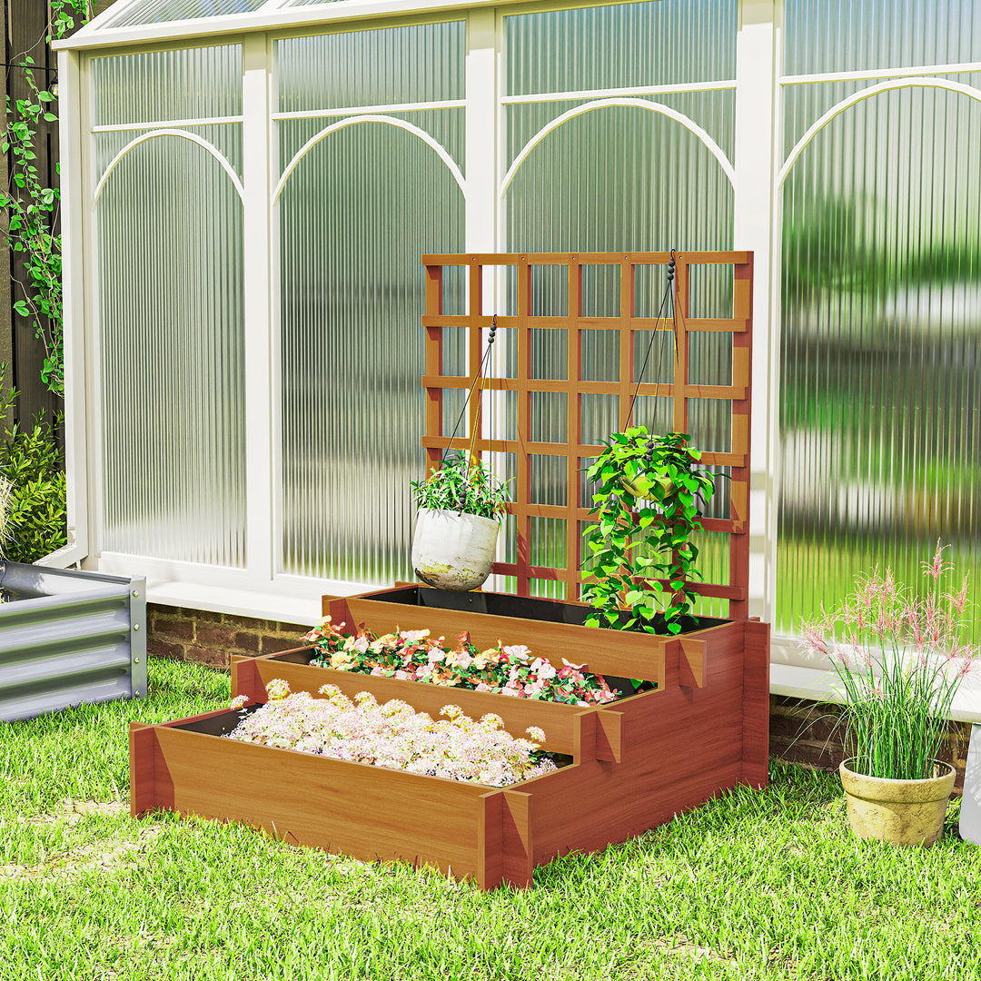 Højbed med espalier, 3-lags blomsterkasse med fleecefor, fyrretræ, brun, 95 x 95 x 110 cm
