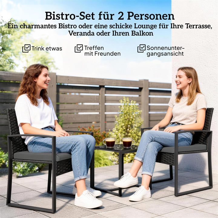 Rattan bistrosæt, 3-delt havemøbelsæt med 2 havestole, sofabord, aftagelige hynder, mørkegrå