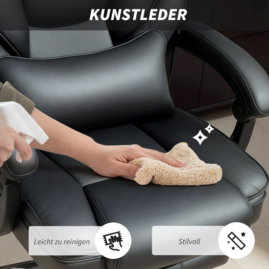 Kontorstol, ergonomisk højdejusterbar drejestol med lændestøtte, armlæn, fodstøtte, PU-læder, sort