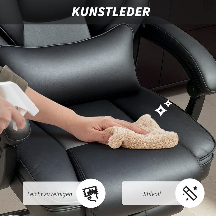 Kontorstol, ergonomisk højdejusterbar drejestol med lændestøtte, armlæn, fodstøtte, PU-læder, sort
