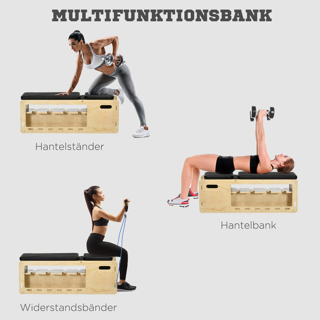 Vægtbænk med vægtstativ, 1 opbevaringskurv, justerbar i 6 positioner, massivt træ, naturlig + sort