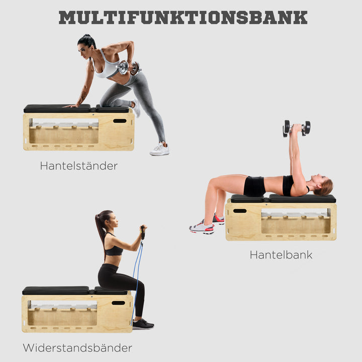 Vægtbænk med vægtstativ, 1 opbevaringskurv, justerbar i 6 positioner, massivt træ, naturlig + sort