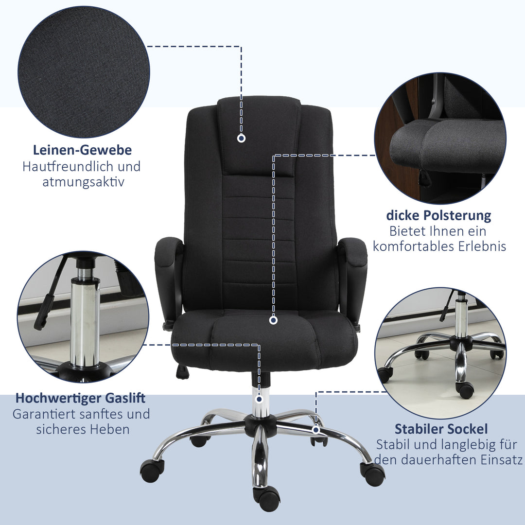 Kontorstol, computerstol med vippefunktion, nakkestøtte, ergonomisk skrivebordsstol, drejelig, højdejusterbar, sort linned-touch, 62 x 76 x 110-119 cm