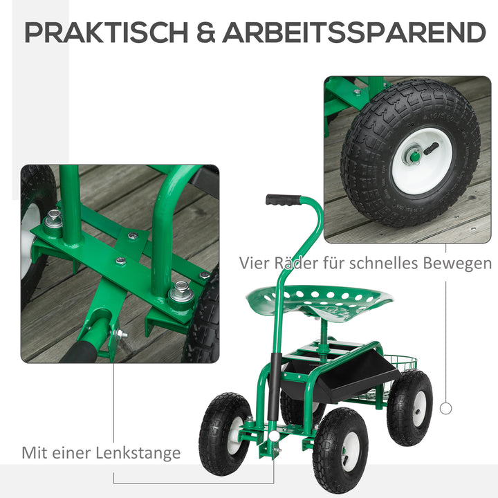 Havevogn med rullesæde (op til 150 kg) med opbevaringskurv til små haveredskaber, mobil værkstedsvogn, styrbart havesæde, sædehøjdejusterbar fra 46-59 cm, metal, gummi, grøn