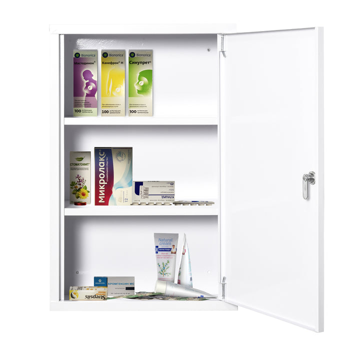 Kleankin medicinskab til medicinopbevaring, aflåseligt metalmedicinskab med 3 rum, førstehjælpsskab, 40 x 18 x 60 cm, hvid