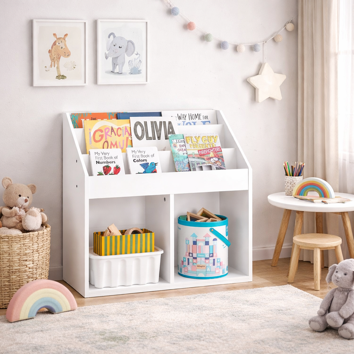 Bogreol Montessori til børn, 3 opbevaringsrum og 2 åbne rum til opbevaring af legetøj, 68 x 68 x 30 cm, hvid