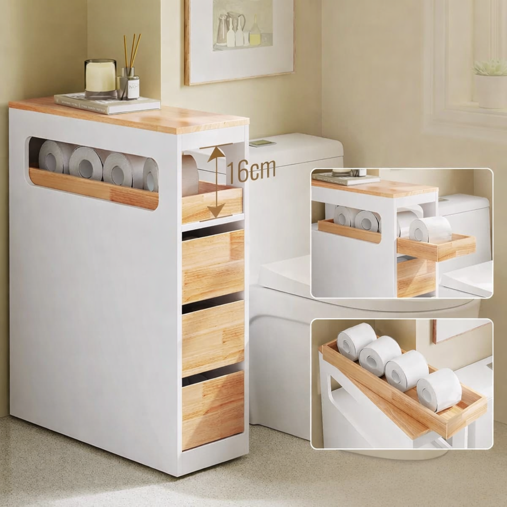 Smalt badeværelsesskab med 3 skuffer, pladsbesparende rullevogn på hjul, velegnet til badeværelse, toilet og køkkenopbevaring, 65x23x82 cm, hvid