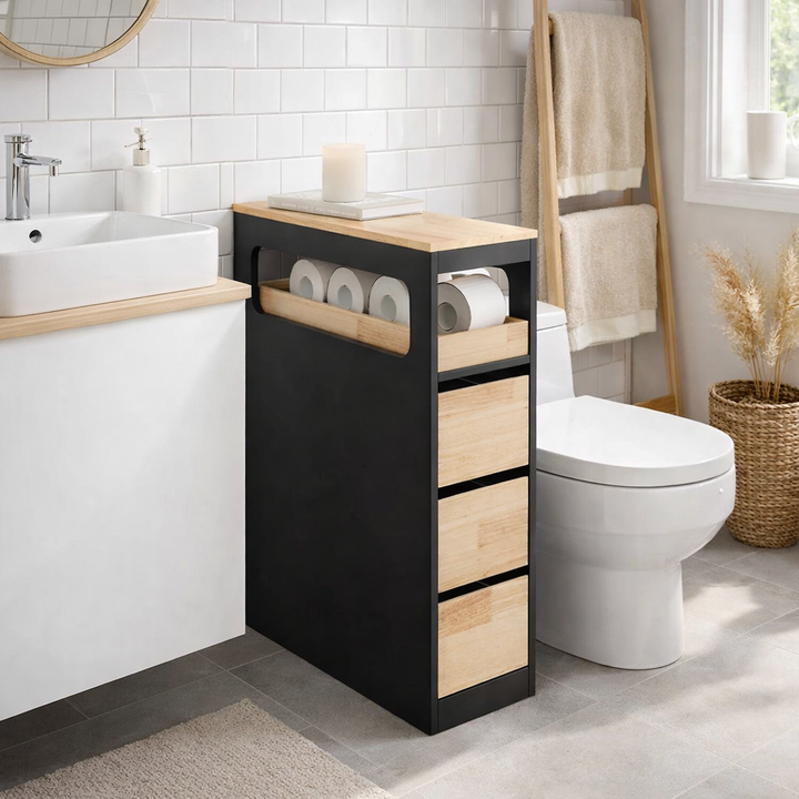 Smalt badeværelsesskab med 3 skuffer, pladsbesparende rullevogn på hjul, velegnet til badeværelse, toilet og køkkenopbevaring, 65x23x82 cm, sort